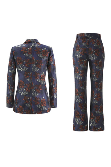 Blue Red Floral One Button Peak Lapel Women Suits
